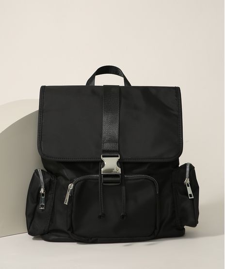Mochila-de-Nylon-Feminina-Media-com-Bolsos-Preta-9965539-Preto_1