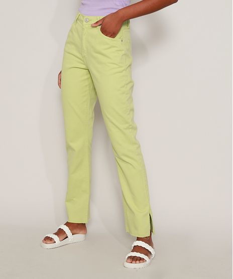 Calca-de-Sarja-Feminina-Reta-Cintura-Alta-com-Fenda-Verde-Claro-9974726-Verde_Claro_1