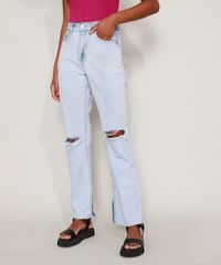 Calca-Jeans-Feminina-Reta-Cintura-Super-Alta-Destroyed-Marmorizada-com-Fenda-Azul-Claro-9971222-Azul_Claro_1