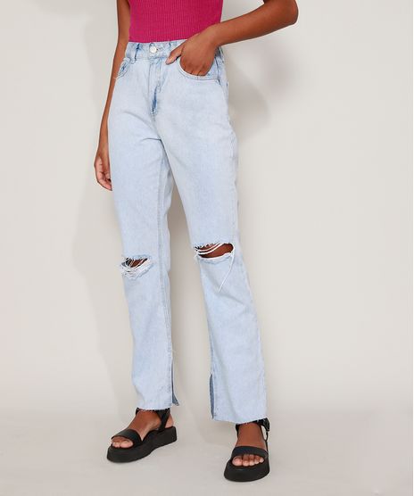 Calca-Jeans-Feminina-Reta-Cintura-Super-Alta-Destroyed-Marmorizada-com-Fenda-Azul-Claro-9971222-Azul_Claro_1