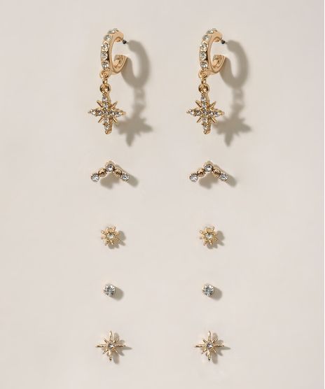 Kit-de-5-Brincos-Femininos-Pequenos-de-Estrela-Dourado-9963565-Dourado_1