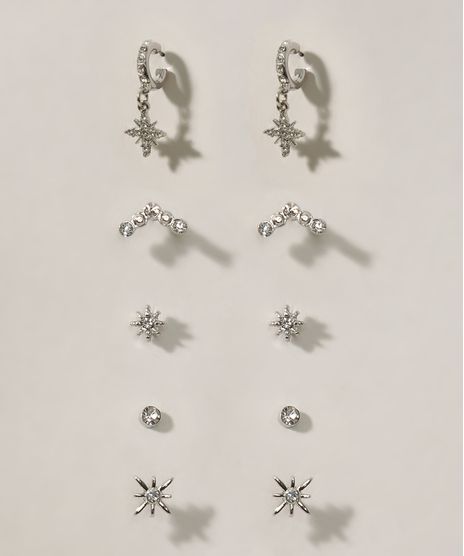 Kit-de-5-Brincos-Femininos-Pequenos-de-Estrela-Prateado-9963565-Prateado_1