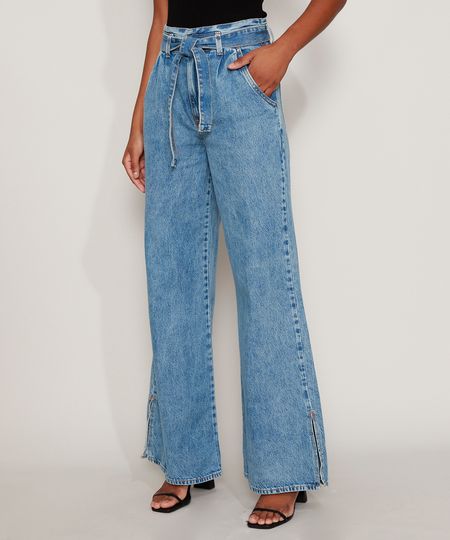 Calca-Jeans-Feminina-Wide-Pantalona-Cintura-Super-Alta-Marmorizada-com-Fenda-e-Faixa-para-Amarrar-Azul-Medio-9971819-Azul_Medio_1