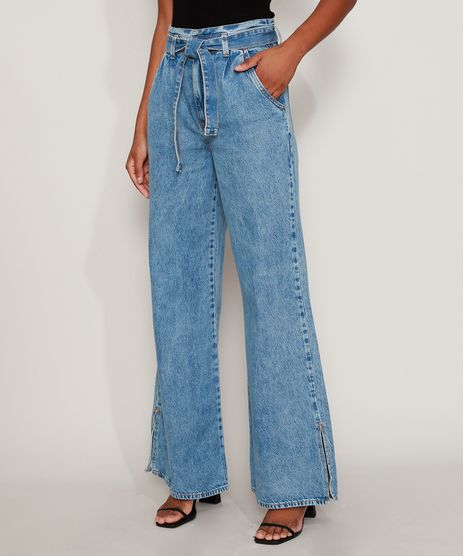 Calca-Jeans-Feminina-Wide-Pantalona-Cintura-Super-Alta-Marmorizada-com-Fenda-e-Faixa-para-Amarrar-Azul-Medio-9971819-Azul_Medio_1