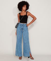 Calca-Jeans-Feminina-Wide-Pantalona-Cintura-Super-Alta-Marmorizada-com-Fenda-e-Faixa-para-Amarrar-Azul-Medio-9971819-Azul_Medio_3