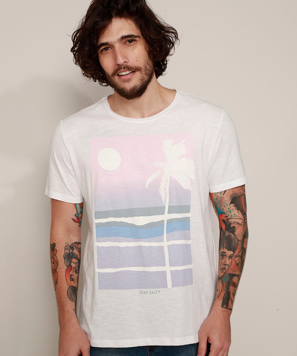 Camiseta Masculina Paisagem Praia com Relevo Manga Curta Gola Careca Branca