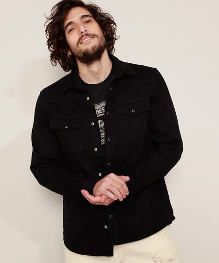 Camisa-de-Sarja-Masculina-Overshirt-Comfort-com-Bolsos-Manga-Longa-Preta-9968746-Preto_1