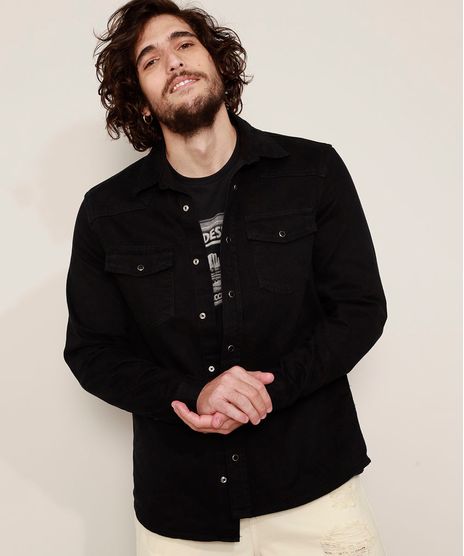 Camisa-de-Sarja-Masculina-Overshirt-Comfort-com-Bolsos-Manga-Longa-Preta-9968746-Preto_1