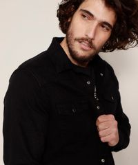 Camisa-de-Sarja-Masculina-Overshirt-Comfort-com-Bolsos-Manga-Longa-Preta-9968746-Preto_6