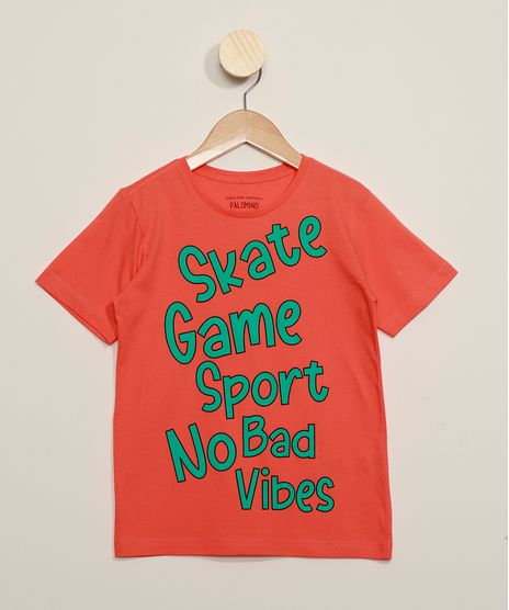 Camiseta-Infantil--Skate-Game-Sport-No-Bad-Vibes--Manga-Curta-Coral-9973330-Coral_1