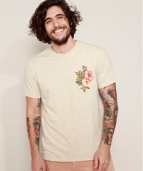 Camiseta-Masculina-com-Bolso-Floral-Manga-Curta-Gola-Careca-Bege-Claro-9970579-Bege_Claro_1