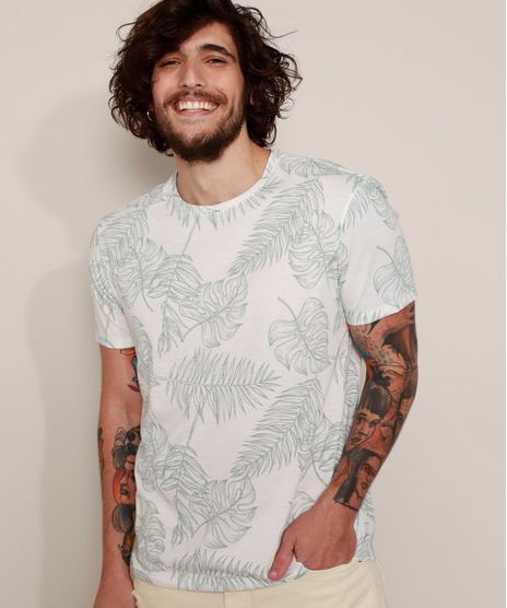 Camiseta-Masculina-Estampada-de-Folhagem-Manga-Curta-Gola-Careca-Branca-9973634-Branco_1