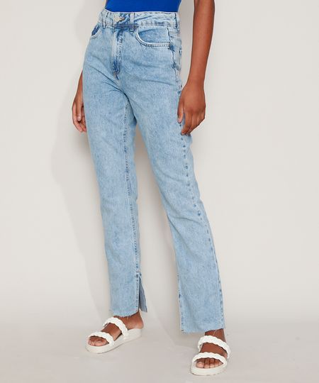 Calca-Jeans-Feminina-Reta-Cintura-Alta-Marmorizada-com-Fenda-Azul-Claro-9971221-Azul_Claro_1