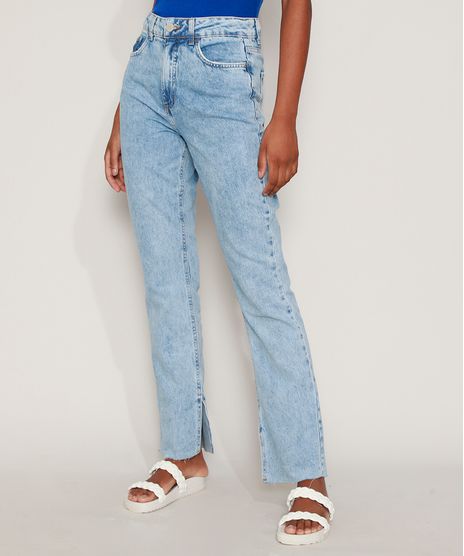 Calca-Jeans-Feminina-Reta-Cintura-Alta-Marmorizada-com-Fenda-Azul-Claro-9971221-Azul_Claro_1