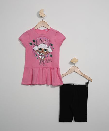 Conjunto-Infantil-de-Blusa-Lol-Surprise-com-Glitter-Manga-Curta-Rosa---Bermuda-Biker-Preta-9965406-Preto_1