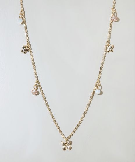 Colar-Feminino-com-Pingentes-de-Borboleta-e-Micangas-Dourado-9976395-Dourado_1