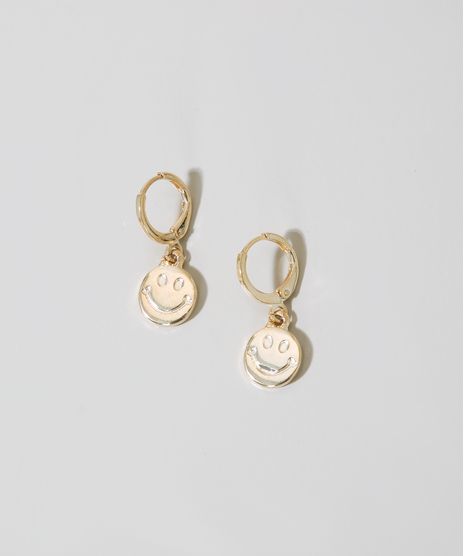 Brinco-Feminino-de-Argola-Pequena-com-Pingente-de-Smile-Dourado-9976479-Dourado_1