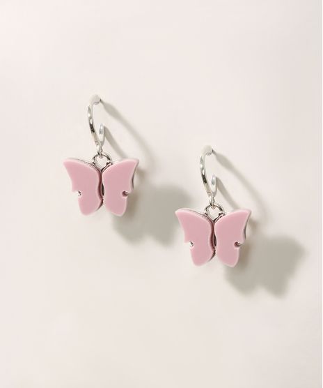 Brinco-Feminino-de-Argola-Pequena-com-Pingente-de-Borboleta-Prateado-9976482-Prateado_1