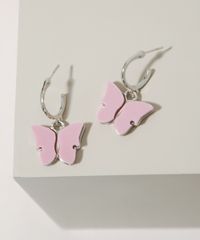Brinco-Feminino-de-Argola-Pequena-com-Pingente-de-Borboleta-Prateado-9976482-Prateado_3