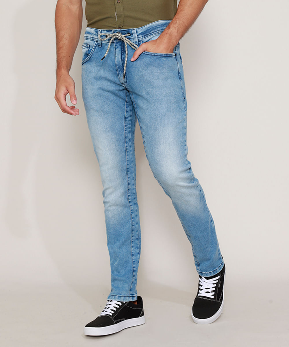 Calça Jeans Masculina Slim com Cordão Azul Claro