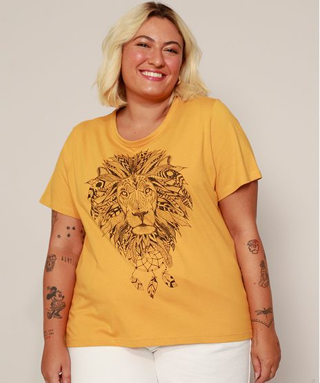 Camiseta-Feminina-Plus-Size-Leao-Manga-Curta-Mostarda-9972076-Mostarda_1