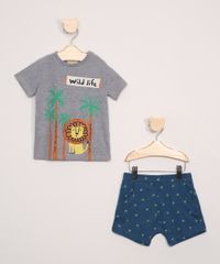 Conjunto-Infantil-de-Camiseta-Leao-Manga-Curta-Cinza-Mescla-Escuro---Short-Estampado-de-Coqueiros-Azul-Marinho-9946966-Azul_Marinho_1