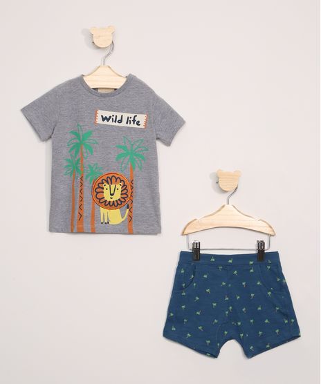 Conjunto-Infantil-de-Camiseta-Leao-Manga-Curta-Cinza-Mescla-Escuro---Short-Estampado-de-Coqueiros-Azul-Marinho-9946966-Azul_Marinho_1