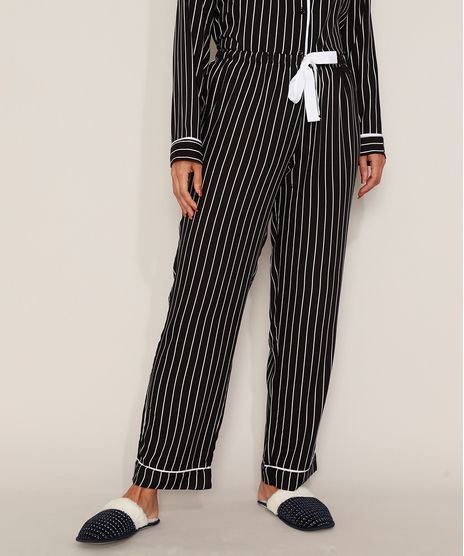 Calca-de-Pijama-Feminina-Listrada-com-Vivo-Contrastante-e-Laco-Preta-9970139-Preto_1