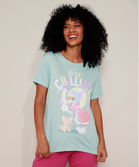 Camiseta-Feminina-Tom-e-Jerry--Just-Chillin---Manga-Curta-Decote-Redondo-Azul-Claro-9960127-Azul_Claro_1
