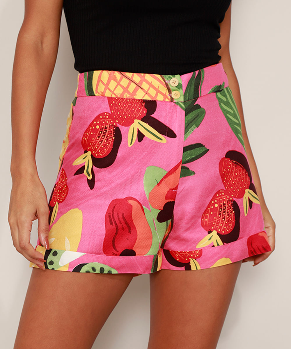 Short Feminino Cintura Alta Estampado de Frutas Rosa