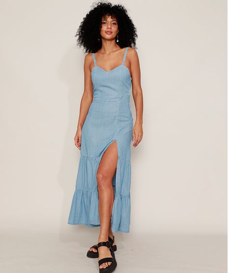 Vestido-Jeans-Feminino-Midi-com-Recortes-e-Fenda-Alca-Laco-Azul-Claro-9982435-Azul_Claro_1