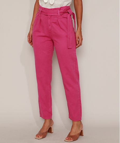 Calca-de-Sarja-Feminina-Mom-Clochard-Cintura-Super-Alta-com-Faixa-para-Amarrar-Rosa-Escuro-9982208-Rosa_Escuro_1