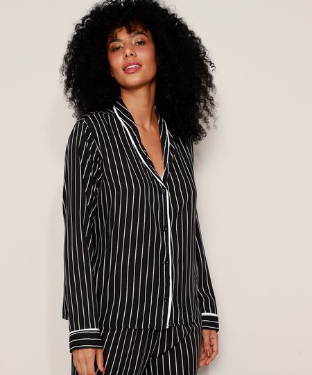 Camisa-de-Pijama-Feminina-Listrada-com-Vivo-Contrastante-Manga-Longa-Preta-9970140-Preto_1