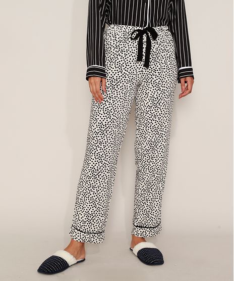 Calca-de-Pijama-Feminina-Estampada-de-Poa-com-Vivo-Contrastante-e-Laco-Branca-9975180-Branco_1