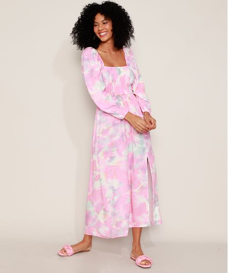 Vestido-Feminino-Midi-Estampado-Tie-Dye-com-Fenda-e-Lastex-Manga-Bufante-Rosa-9976839-Rosa_1