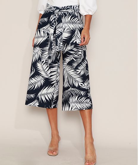 Calca-Feminina-Pantacourt-Cintura-Alta-Estampada-de-Folhagem-com-Bolsos-e-Amarracao-Azul-Marinho-9975494-Azul_Marinho_1