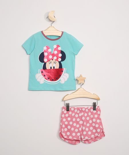 Pijama Infantil Minnie e Melancia Manga Curta Verde Água - 4 Menor preço em Pijama Infantil Minnie e Melancia Manga Curta Verde Água - 4