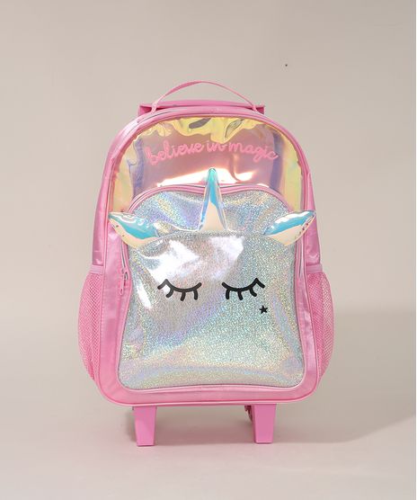 Mochila Feminina Infantil Holográfica Unicórnio com Rodas