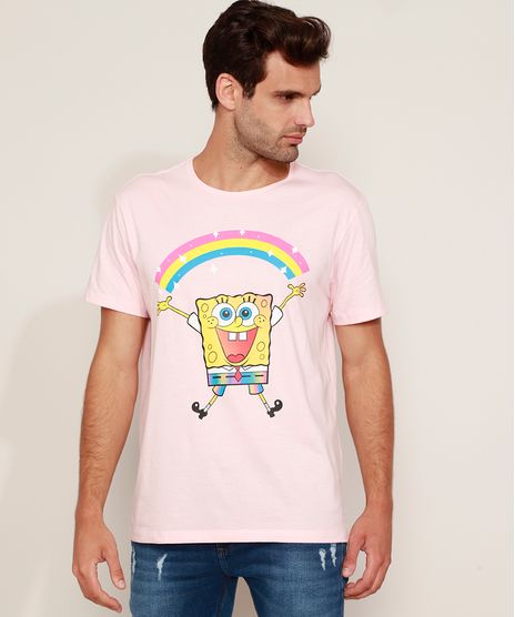 Camiseta-Masculina-Bob-Esponja-Arco-Iris-Manga-Curta-Gola-Careca-Rosa-Claro-9974305-Rosa_Claro_1