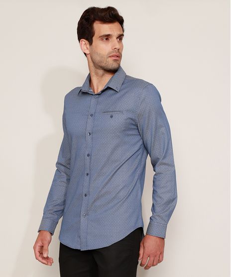 Camisa-Masculina-Slim-Maquinetada-Estampada-Mini-Print-de-Poa-com-Bolso-Manga-Longa-Azul-9911671-Azul_1
