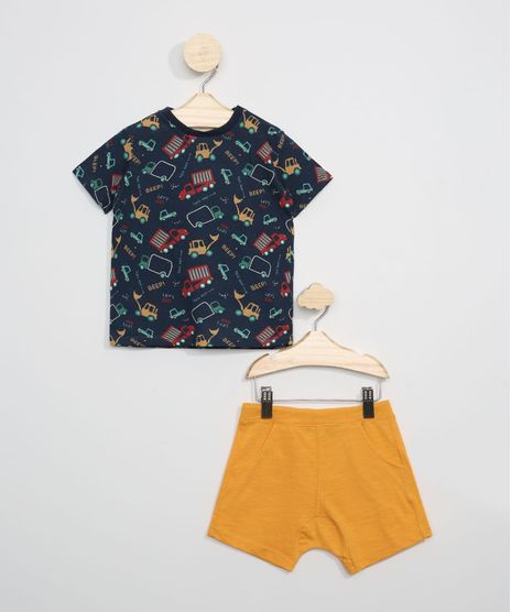 Conjunto-Infantil-de-Camiseta-Estampada-de-Automoveis-Manga-Curta-Azul-Marinho---Short-Mostarda-9946969-Mostarda_1
