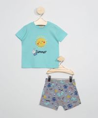 Conjunto-Infantil-de-Camiseta-Sol-Manga-Curta-Verde-Agua---Short-Estampado-de-Fundo-do-Mar-Cinza-Mescla-Escuro-9946970-Cinza_Mescla_Escuro_1