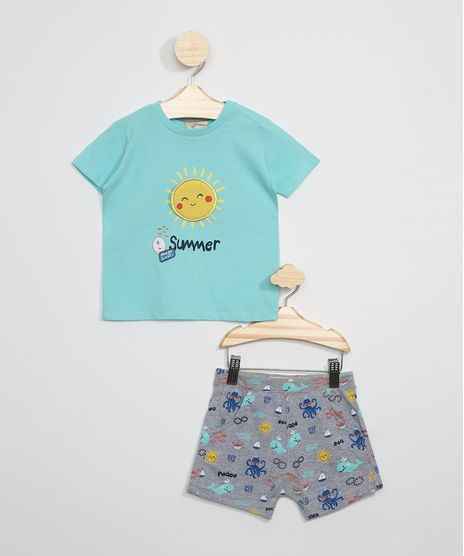 Conjunto-Infantil-de-Camiseta-Sol-Manga-Curta-Verde-Agua---Short-Estampado-de-Fundo-do-Mar-Cinza-Mescla-Escuro-9946970-Cinza_Mescla_Escuro_1