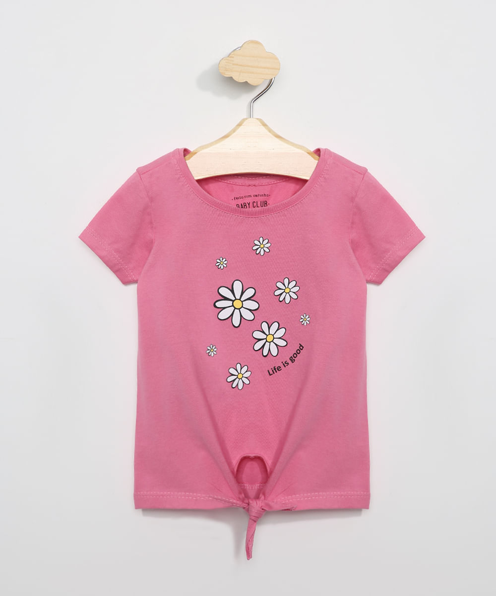 Blusa Infantil Margaridas Manga Curta com Nó Pink