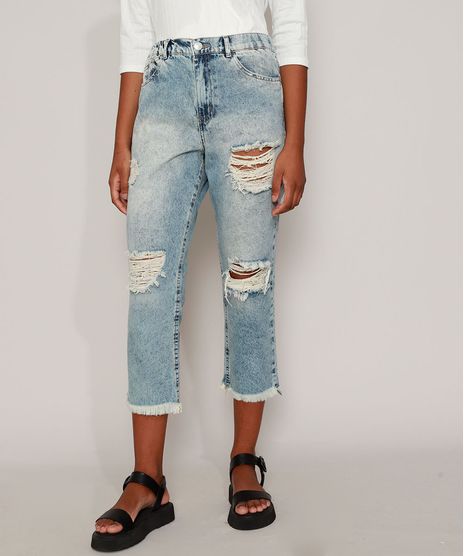 Calca-Jeans-Feminina-Mom-Cropped-Cintura-Super-Alta-Destroyed-Marmorizada-Azul-Medio-9972423-Azul_Medio_1