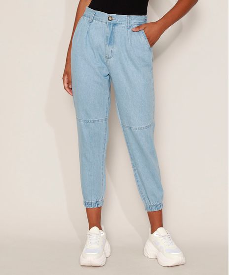 Calca-Jeans-Feminina-Jogger-Cintura-Alta-com-Bolsos-Azul-Medio-9594591-Azul_Medio_1