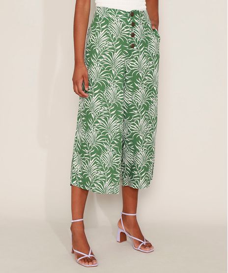Calca-Feminina-Pantacourt-Cintura-Super-Alta-Estampada-de-Folhagem-com-Botoes-e-Bolsos-Verde-9974354-Verde_1