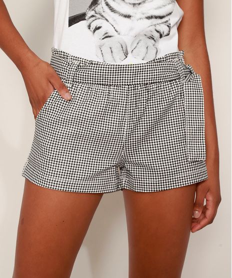Short-de-Sarja-Feminino-Clochard-Cintura-Media-Estampado-Xadrez-Vichy-com-Faixa-para-Amarrar-Preto-9977072-Preto_1
