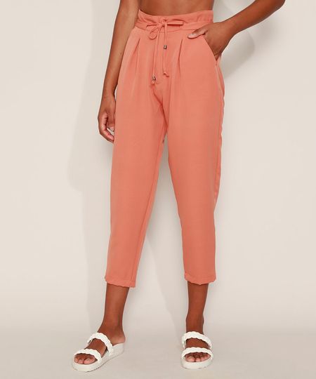 Calca-de-Crepe-Feminina-Carrot-Cintura-Alta-Alfaiatada-com-Cordao-e-Bolsos-Coral-9975884-Coral_1