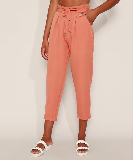 Calca-de-Crepe-Feminina-Carrot-Cintura-Alta-Alfaiatada-com-Cordao-e-Bolsos-Coral-9975884-Coral_1